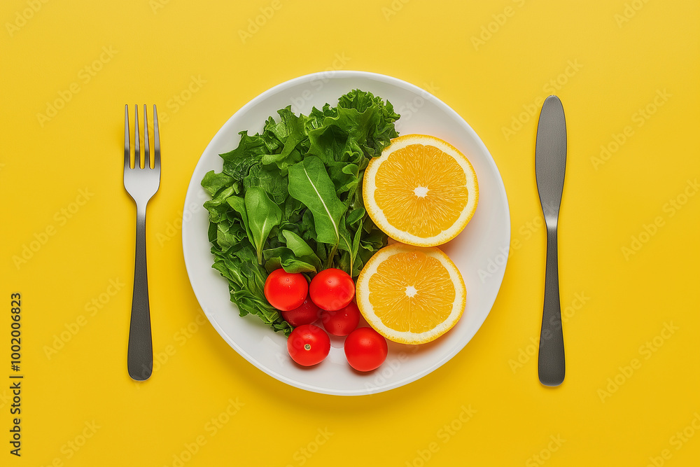 Salad with Orange Tomatoes and Fork and Knife on Yellow Background Salad with Orange Tomatoes and Fork and Knife on Yellow Background