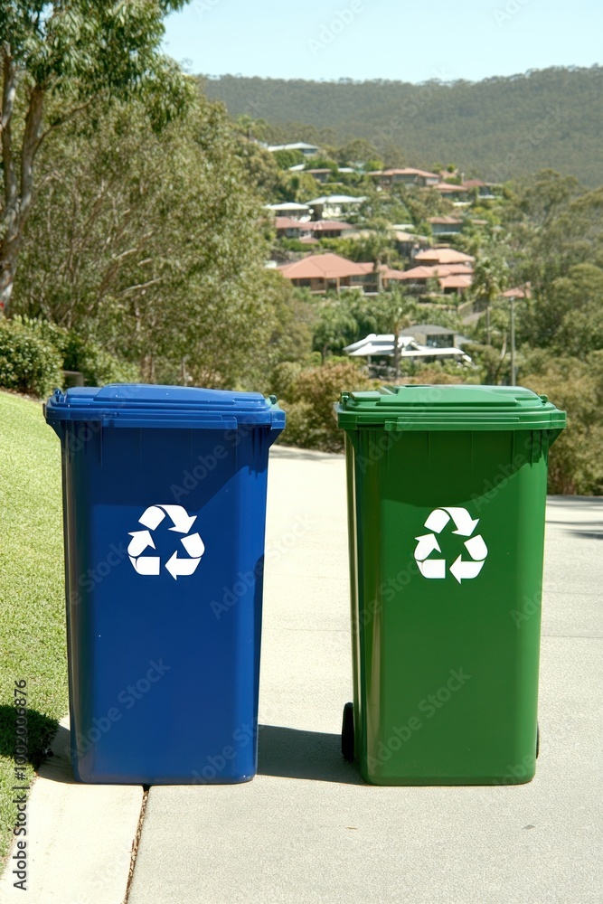 Two recycling bins placed on a street, promoting waste separation and environmental awareness. Two recycling bins placed on a street, promoting waste separation and environmental awareness.