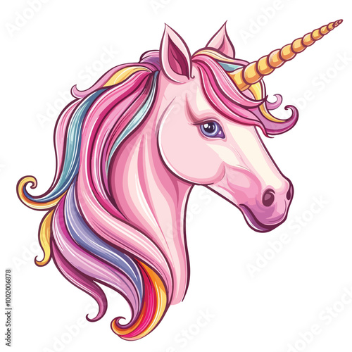 Pink unicorn head with rainbow mane and horn isolated on white background. Vector illustration