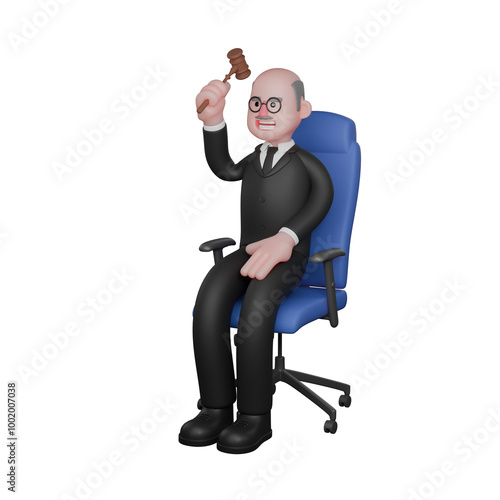 3D Illustration of a Legal Expert. a judge sits on a blue chair with his right hand raised holding a judge's hammer. Male Judge photo