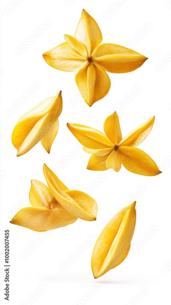 Starfruit Slices Floating Isolated on White Background Generative AI Starfruit Slices Floating Isolated on White Background Generative AI