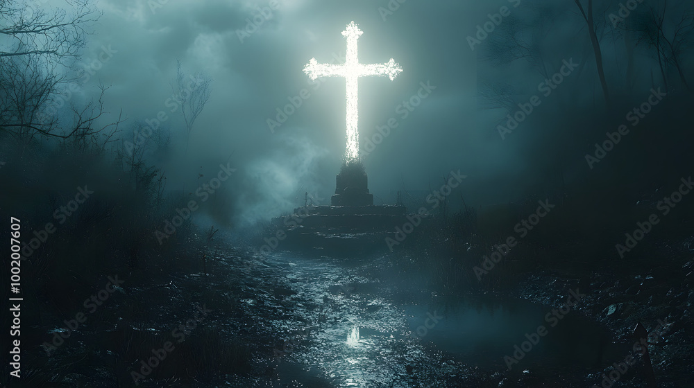 A Large Cross is Placed on the Platform Emitting Blue Light
A Large Cross is Placed on the Platform Emitting Blue Light