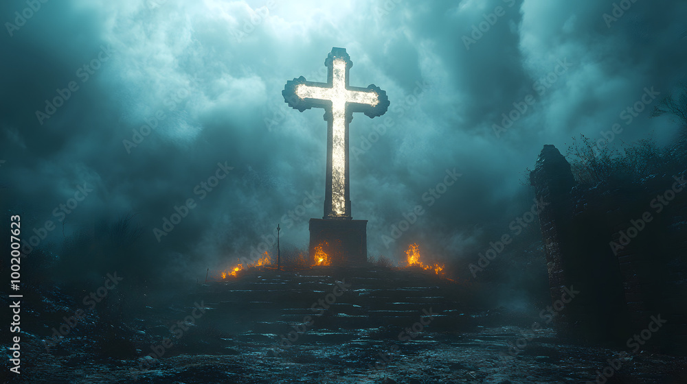 A Large Cross is Placed on the Platform Emitting Blue Light
A Large Cross is Placed on the Platform Emitting Blue Light
