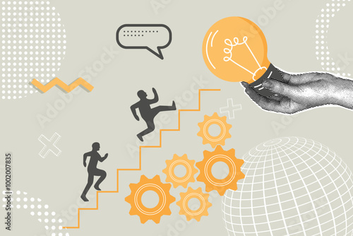 Contemporary halftone collage. Concept of achieving success, improvement, planning, progress,concept of efficiency, productivity. Business creative illustration for web banner, marketing material