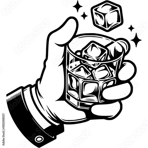 Bar visitor hand holds glass with alcoholic drink and ice cubes in monochrome. Simple minimalistic vector in black ink drawing on transparent background