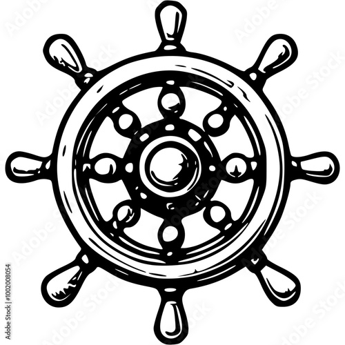 Wooden ship rudder in monochrome. Steering wheel of old ship. Simple minimalistic vector in black ink drawing on transparent background