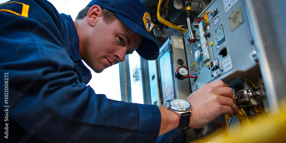 An electrician working on the control panel in blue overalls and navy cap, generative AI An electrician working on the control panel in blue overalls and navy cap, generative AI