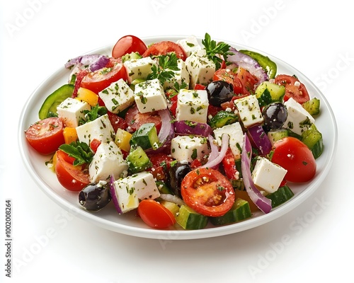 Fresh Greek salad with feta cheese, tomatoes, cucumbers, olives and red onion.