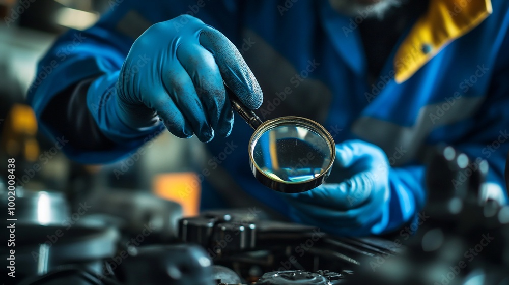Mechanic inspecting engine oil with magnifying glass. Mechanic inspecting engine oil with magnifying glass.