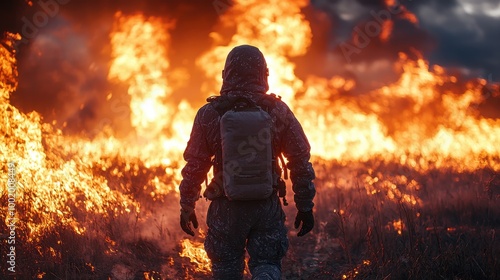 A soldier stands resolutely before a raging wildfire, observing the flames that threaten the landscape during a dramatic emergency response