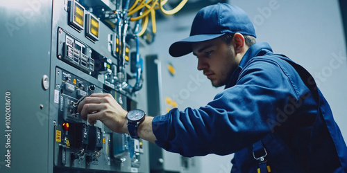 An electrician working on the control panel in blue overalls and navy cap, generative AI