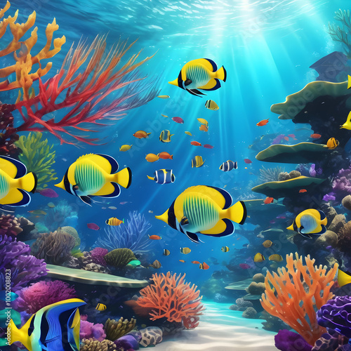 Discover a stunning portrayal of tropical marine life in a breathtaking underwater world with a colorful coral reef backdrop.