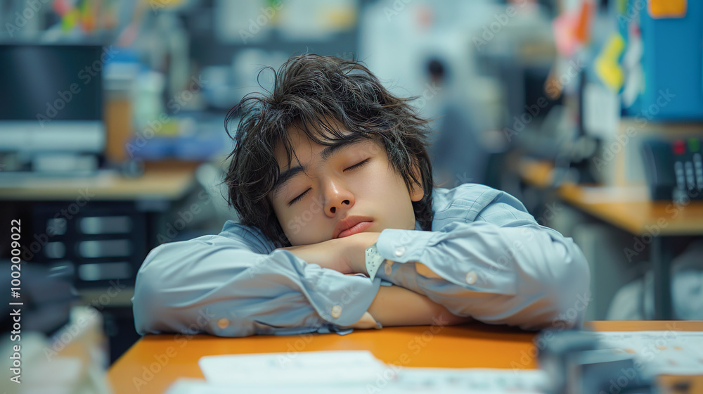 会社の机で居眠りをする若いアジア人男性 会社の机で居眠りをする若いアジア人男性