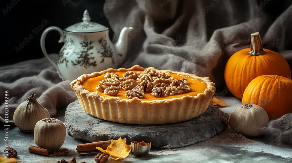 Pumpkin pie with walnuts near ripe pumpkins Pumpkin pie with walnuts near ripe pumpkins