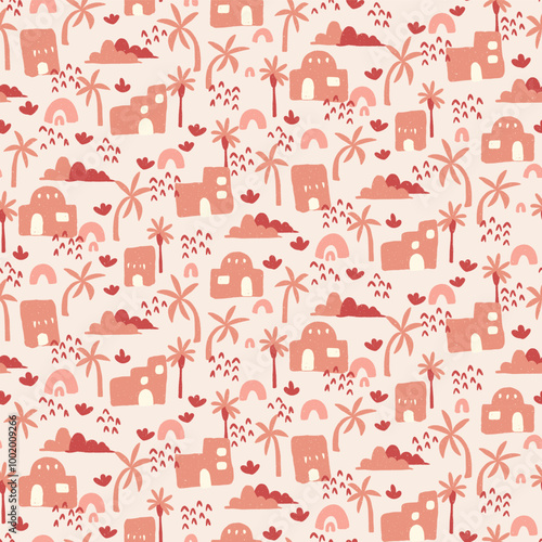 Whimsical Desert Dreams Seamless Pattern with Stylized Houses and Palm Trees. Vector illustration. Suitable for children projects, wallpaper and stationary.