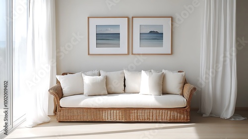 A bright and open beach house living room with framed ocean-themed artwork above a woven rattan couch, soft natural lighting from large windows, white curtains flowing gently, and light wooden floors,