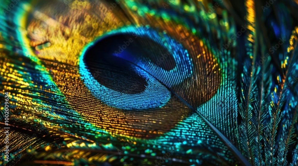 Naklejka premium Vibrant Peacock Feather Close-Up with Colorful Patterns