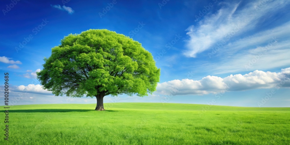 Tree standing tall on lush green field, nature, landscape, environment, scenic, outdoors, growth, grass, meadow, spring Tree standing tall on lush green field, nature, landscape, environment, scenic, outdoors, growth, grass, meadow, spring
