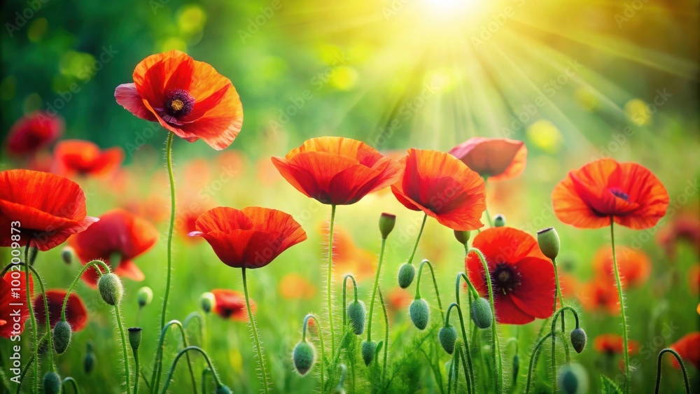 Obraz premium Vibrant red poppies contrast against lush green grass , nature, flowers, vibrant, colorful, beauty, meadow, bloom, petals