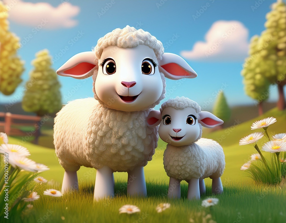 Cute Cartoon Sheep and Lamb Characters in a Meadow Cute Cartoon Sheep and Lamb Characters in a Meadow
