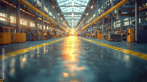 Bright morning light streams through an expansive industrial warehouse filled with machinery and tools