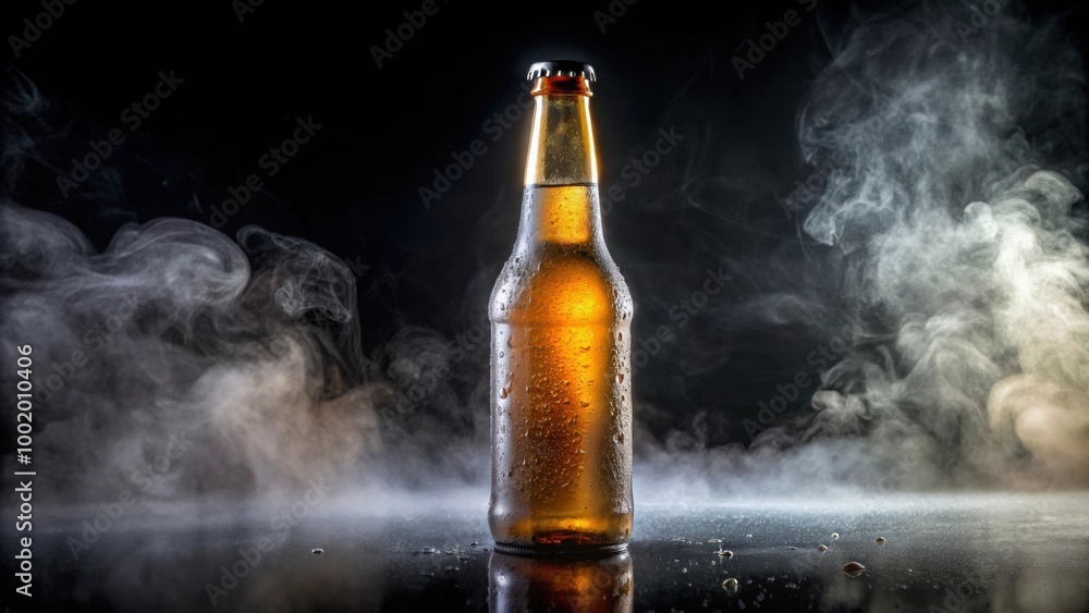 Cold beer bottle with drops, frost and vapour on black , frost, cold, refreshing, beer, bottle, drops, condensation, chilled Cold beer bottle with drops, frost and vapour on black , frost, cold, refreshing, beer, bottle, drops, condensation, chilled