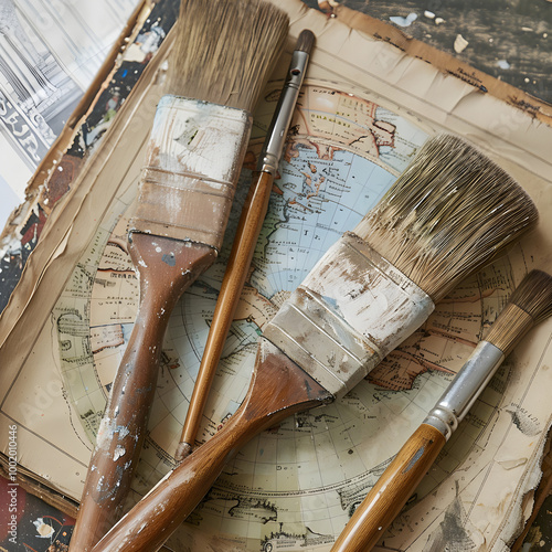 Old paint brushes lying on antique world map exhibiting nostalgia and travel photo