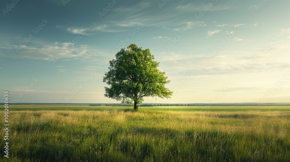 Fototapeta premium Serene Lone Tree in Expansive Green Field