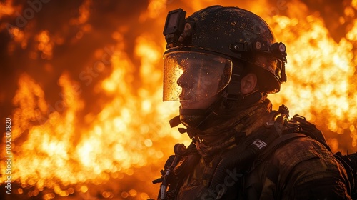 Brave firefighter stands in front of blazing flames during wildfire response at sunset in a forested area, showcasing courage and determination