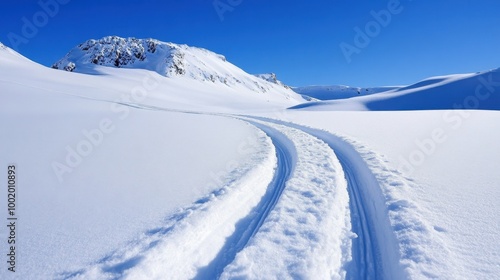 Smooth cross-country ski marks cutting through fresh white snow under a clear winter sky