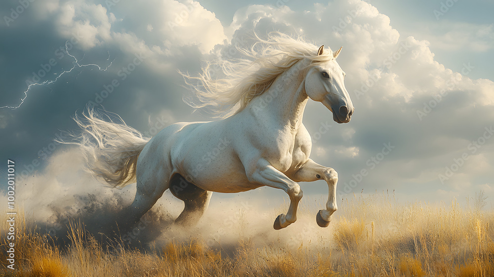 A White Horse Rearing Up in the Desert with Storm Clouds
A White Horse Rearing Up in the Desert with Storm Clouds