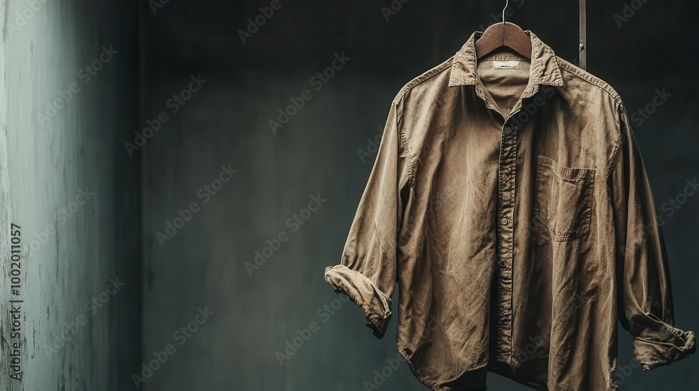 Naklejka premium Crumpled old shirt hanging in a damp closet, slight discoloration from moisture, musty fabric, neglect