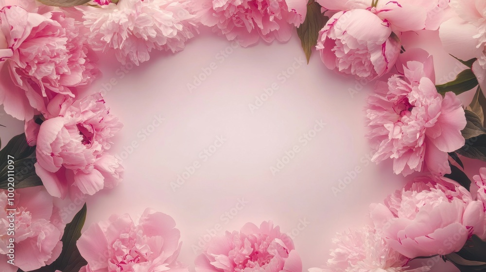 Delicate pink floral frame with peonies arranged in a square shape. Light soft colors against a clean background Delicate pink floral frame with peonies arranged in a square shape. Light soft colors against a clean background