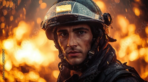 Brave firefighter stands amidst flames, battling the intense blaze during a nighttime rescue operation in a city