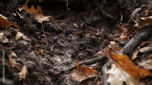 Earthworm Crawling Through Wet Soil and Leaves