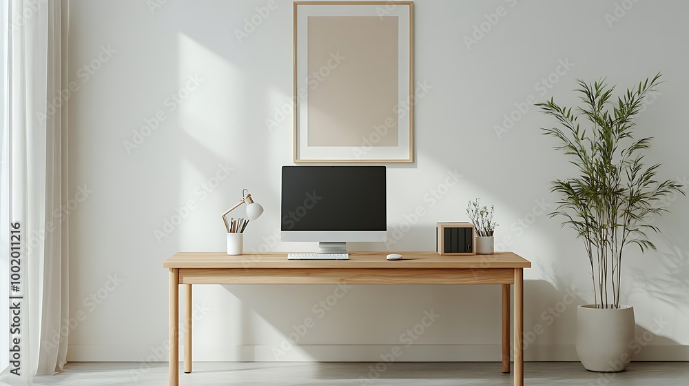 Fototapeta premium A clean, minimalist home office with a wooden desk, a sleek computer setup, a vertical framed artwork hanging on the wall behind, soft natural light coming from a window, modern decor,