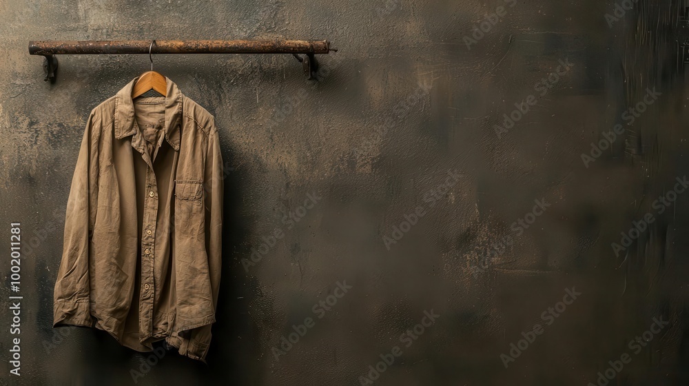 Naklejka premium Damp shirt hanging on a rusty coat rack in a waterdamaged room, timeworn clothing, stale fabric