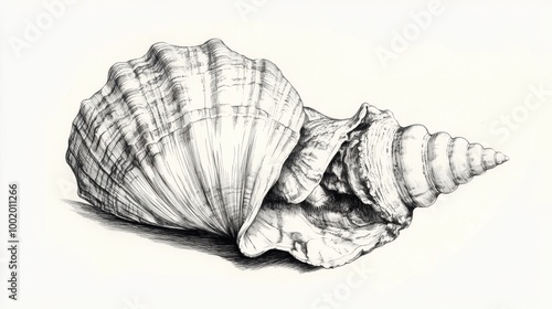 Artistic ink drawing of a seashell highlighting its fine details and organic form. Subtle shadows and clean lines photo