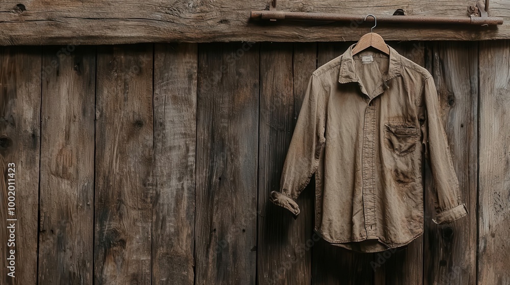 Naklejka premium Discolored and musty shirt hanging from a rusty hook in an old barn, weathered fabric, timeworn