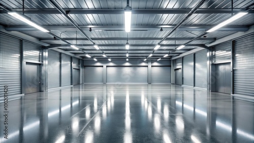 Interior view of an empty garage with a metallic surface floor and lighting, garage, interior, empty, metallic, surface