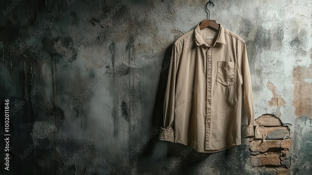 Naklejka premium Mildewstained shirt hanging in a dark, humid basement, light seeping through cracks, musty environment, decay