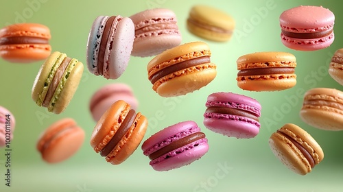 Wallpaper Mural A colorful assortment of macarons floating in mid-air, arranged in a spiral pattern, with each macaron showcasing different pastel shades. The background is a soft pastel mint green, Torontodigital.ca