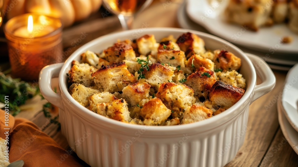 Delicious homemade stuffing in a ceramic dish on a rustic wooden table. Delicious homemade stuffing in a ceramic dish on a rustic wooden table.