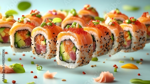 A colorful display of sushi rolls with unique toppings levitating in mid-air, with pieces slightly rotated to reveal the fillings, against a pale blue backdrop.