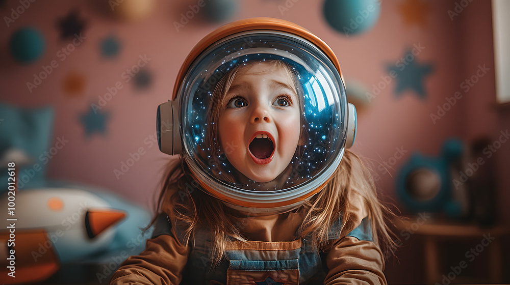 A Child in the Room Wearing an Astronaut Helmet Surrounded by Stars
A Child in the Room Wearing an Astronaut Helmet Surrounded by Stars