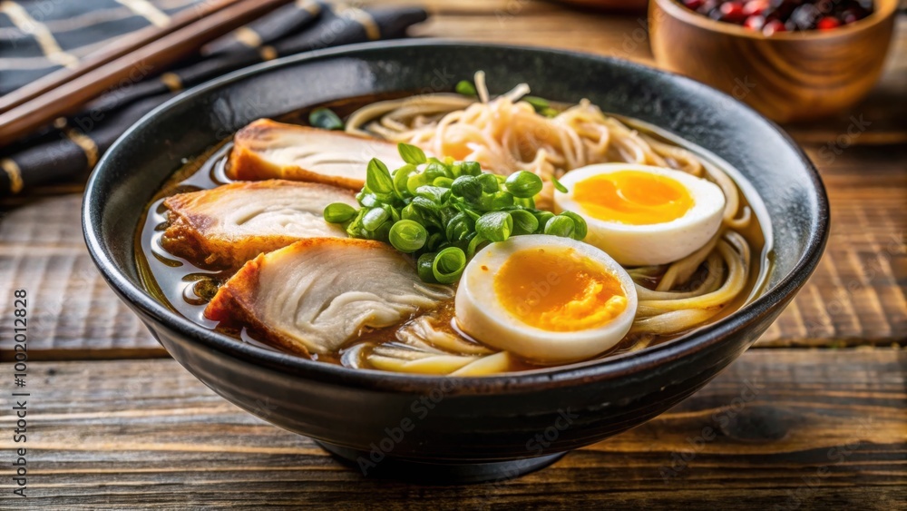 Close up of traditional Japanese ramen soup with meat broth, asian rice noodles, sliced chicken, and eggs , Japanese, soup, ramen, broth Close up of traditional Japanese ramen soup with meat broth, asian rice noodles, sliced chicken, and eggs , Japanese, soup, ramen, broth