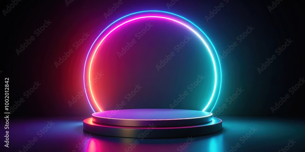 Abstract podium with neon glowing round frame on dark background, podium, award, product display,empty stage,neon Abstract podium with neon glowing round frame on dark background, podium, award, product display,empty stage,neon
