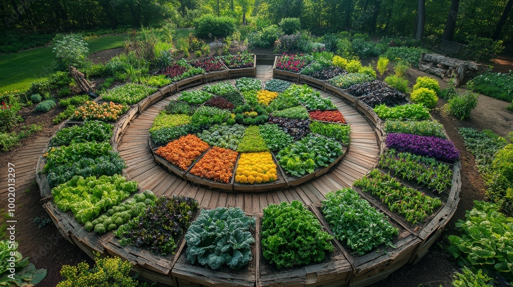 A circular garden with raised beds extending out like spokes, vibrant vegetables growing in neat radial rows, surrounded by nature and greenery A circular garden with raised beds extending out like spokes, vibrant vegetables growing in neat radial rows, surrounded by nature and greenery