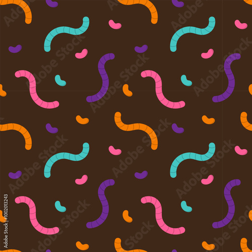 Seamless pattern with colorful gummy worms and jelly beans. Halloween sweets seamless pattern. Vector illustration