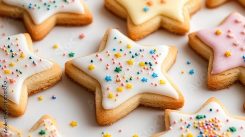 Star-shaped cookies with colorful icing and sprinkles